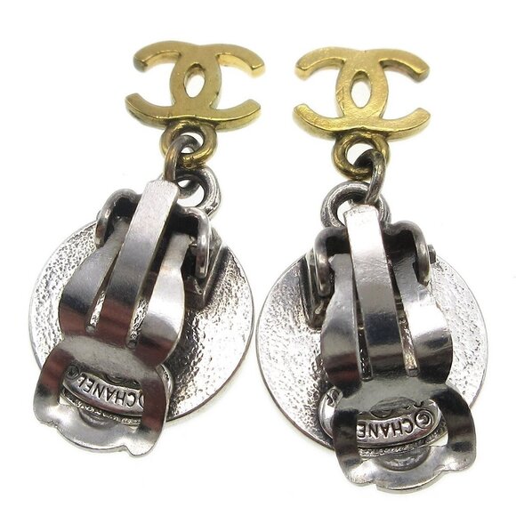 Chanel Medallion Dangle Earrings Gold Silver Clip-On - Picture 2 of 6